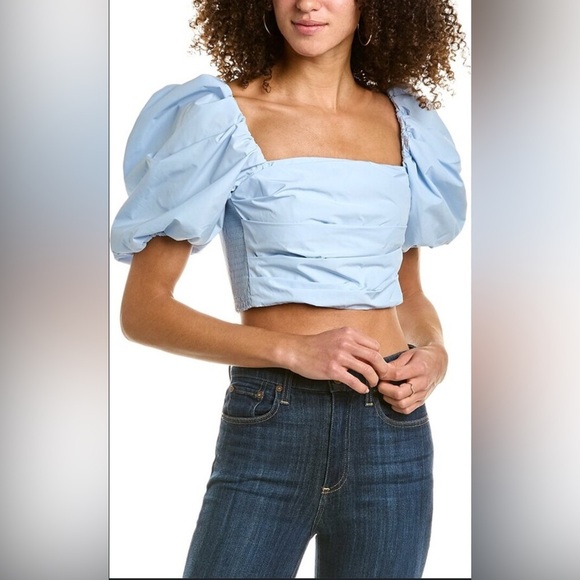 Amanda Uprichard Cream Puff Short Sleeve Smocked Square Neck Summer Crop Top M - Picture 8 of 8